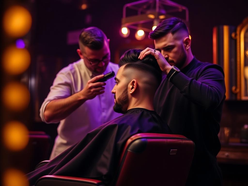 Barber detailing a high taper fade with clippers in a barber chair