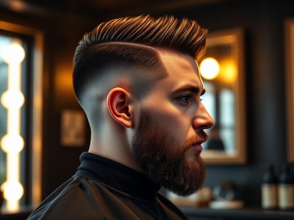 Side profile of a mid skin fade haircut with a lined-up beard